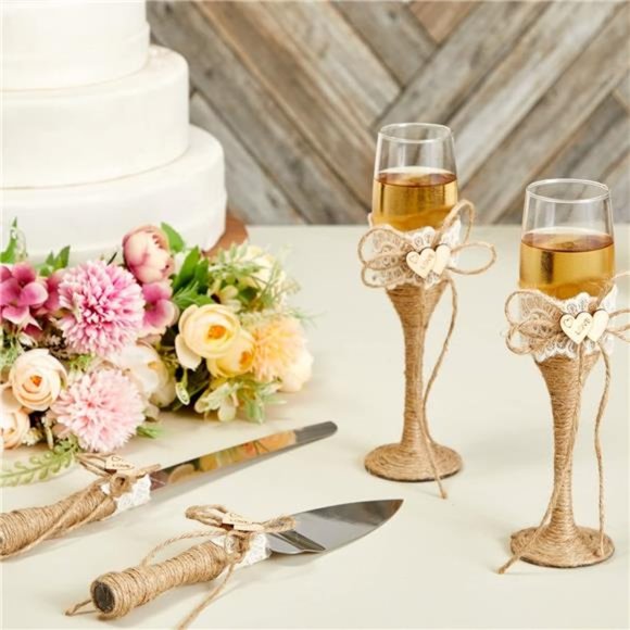4 Piece Rustic-Style Wedding Cake Knife and Server Set with Champagne Glasses - Picture 2 of 7